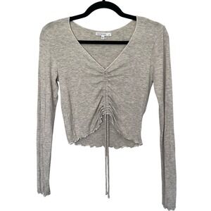 Antistar Ribbed Knit Long Sleeve‎ Top Ruched Drawstring V Neck Beige Medium